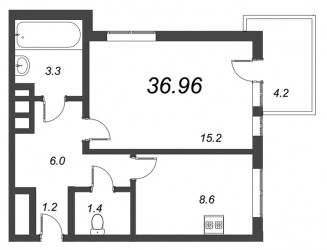 Однокомнатная квартира 36.96 м²