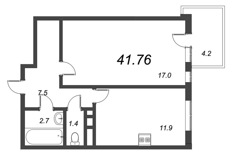 Однокомнатная квартира 41.76 м²