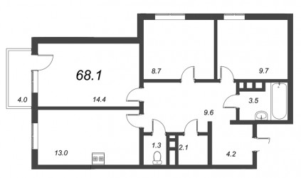 Трёхкомнатная квартира 68.1 м²