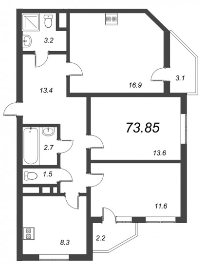 Трёхкомнатная квартира 73.85 м²