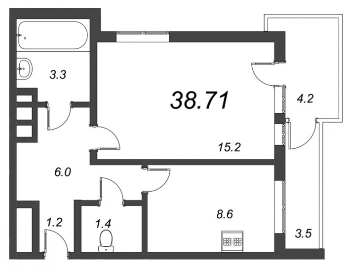 Однокомнатная квартира 38.71 м²