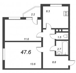 Двухкомнатная квартира 47.6 м²