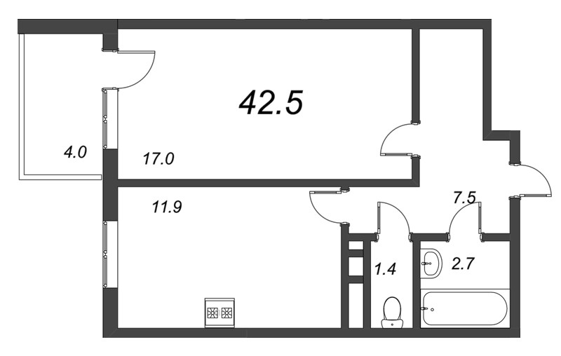 Однокомнатная квартира 42.5 м²