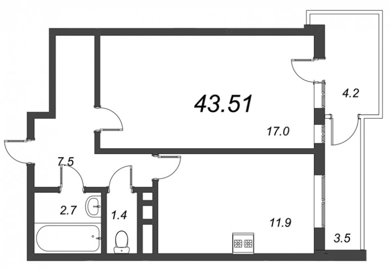 Однокомнатная квартира 43.51 м²