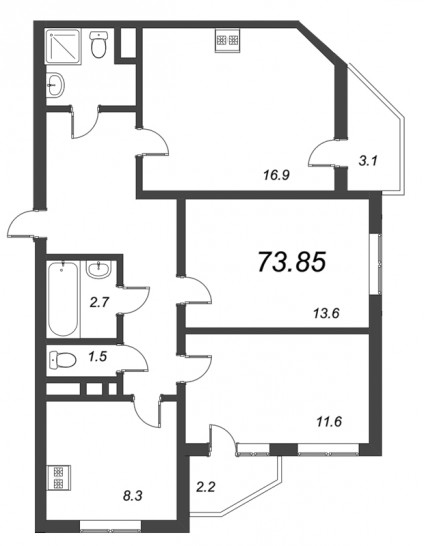 Трёхкомнатная квартира 73.85 м²