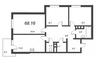 Трёхкомнатная квартира 68.16 м²