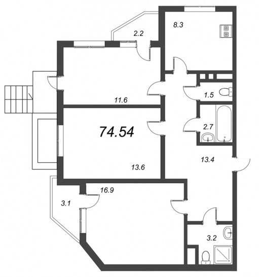 Трёхкомнатная квартира 73.85 м²