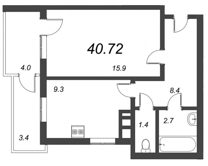 Однокомнатная квартира 40.72 м²
