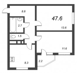 Двухкомнатная квартира 47.6 м²