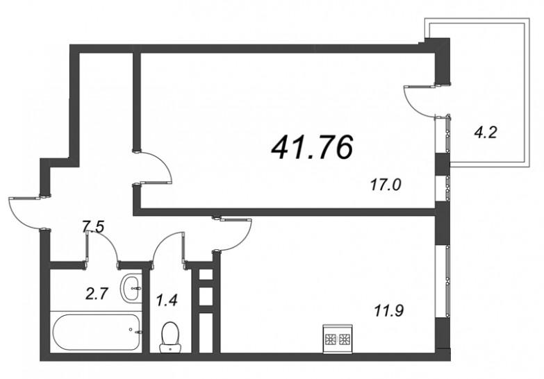 Однокомнатная квартира 41.76 м²