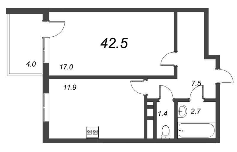 Однокомнатная квартира 42.5 м²