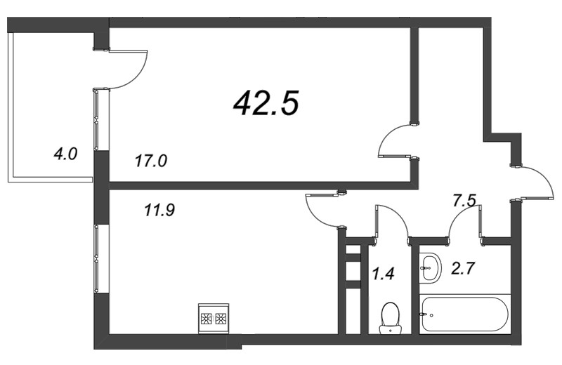 Однокомнатная квартира 42.5 м²