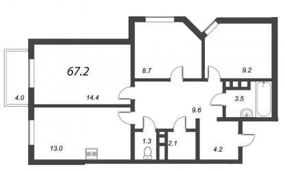 Трёхкомнатная квартира 67.2 м²