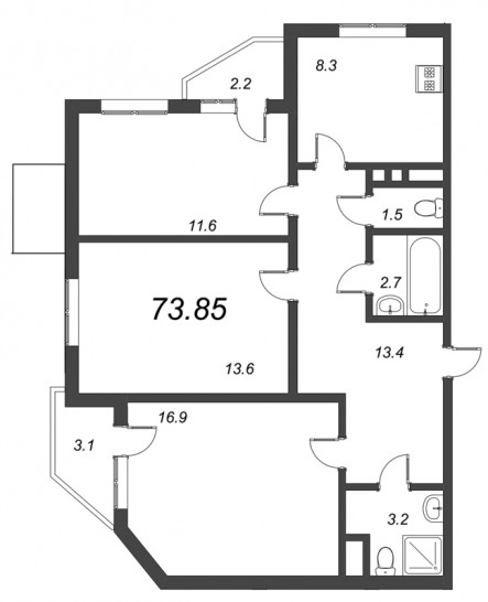 Трёхкомнатная квартира 73.85 м²